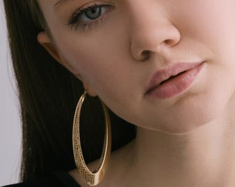 Big Oval Caged 14K Gold Hoop Earrings – Handmade Statement Jewelry, Bold Lightweight Hoops, Christmas Gift, Anniversary Present for Her