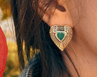 14K Gold Malachite Heart Stud Earrings – Handmade Green Gemstone Jewelry, Unique Love Gift for Her, Anniversary Bridal Earrings