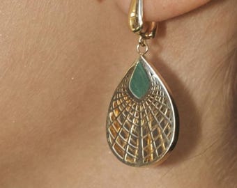 Handmade 14K Gold Malachite Leaf Earrings: Fine Dangle Jewelry