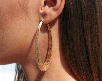 Solid Gold Maximalist Milky Way Big Hoop Earrings, 14K Long Thick Statement Jewelry, Handmade Gold Earrings, Summer Wedding Gift for Women