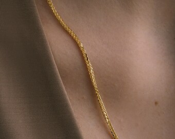 Solid Gold Wheat Spiga Chain Necklace, Fine Handmade Gold Jewelry, 14K Unisex Braided Layering Necklace, Summer Wedding Gift