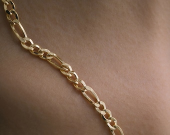 Solid Gold Thick Figaro Link Chain Necklace, Fine Handmade Gold Jewelry, 14K Unisex Layering Necklace, Summer Wedding Gift