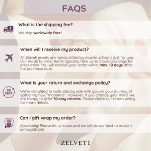 May include: A graphic titled "FAQS" with questions about shipping, delivery, returns, and gift wrapping. The text includes "ZELVETI" at the bottom. Icons of a truck, airplane, 30-day return badge, and gift box are included.