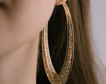 Solid Gold Maximalist Milky Way Big Hoop Earrings, Fine Handmade Gold Jewelry, 14K Long Thick Earrings, Summer Wedding Gift