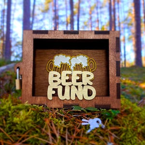 Beer Fund Piggy Bank: Wooden Cash Box with Lock & Key