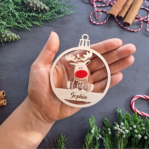 Personalised Reindeer ornament, Red nose decor, Christmas name balls, Custom Christmas ornaments, Gift tags