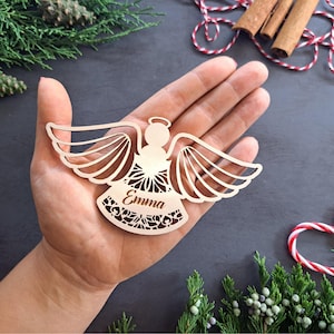 Personalized Angel Christmas Ornament: Laser Cut Wood Bauble