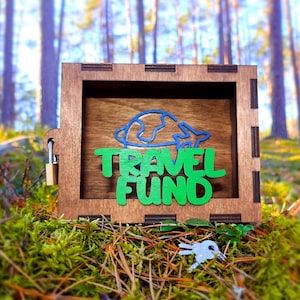 Wooden Travel Fund Money Box: Piggy Bank with Lock & Key