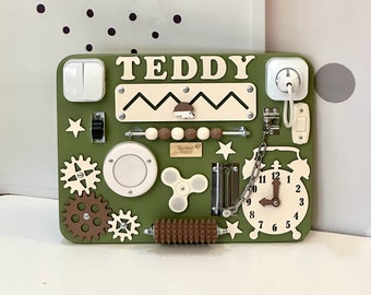 Khaki toddler busy board, Custom activity board for kid, Baby busy board sensory toy, Eco friendly handmade wooden toys for fine motor skill