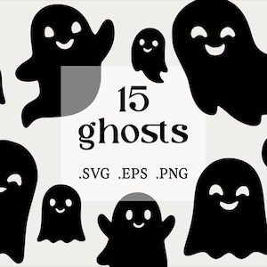 Könnte beinhalten: Schwarz-weiße Grafik mit 15 lächelnden Geisterillustrationen. Die Geister haben abgerundete Körper und einfache, fröhliche Gesichter. Der Text lautet "15 ghosts" mit Dateityp-Indikatoren.