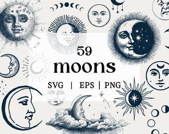 Może przedstawiać: Ilustracja w stylu vintage z księżycami i słońcami. Obraz zawiera tekst "59 moons" oraz oznaczenia plików SVG, EPS i PNG. Projekty są w odcieniach niebieskiego i białego, przypominających stare grawiury.
