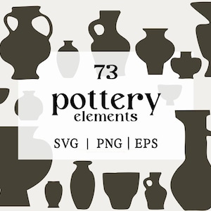 Könnte beinhalten: Eine Sammlung von 73 Töpferwarenelementen in dunkelgrauen Silhouetten vor einem hellen Hintergrund. Das Bild zeigt verschiedene Formen von Vasen, Schalen und Krügen. Der Text lautet "73 pottery elements SVG | PNG | EPS".