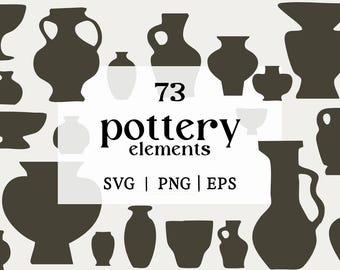 Può includere: Una collezione di 73 elementi di ceramica in silhouette grigio scuro su uno sfondo chiaro. L'immagine include varie forme di vasi, ciotole e brocche. Il testo recita "73 pottery elements SVG | PNG | EPS".