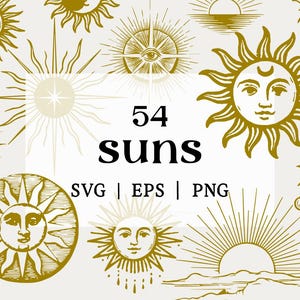 Clipart de sol y solsticio vintage / Paquete SVG de sol místico / 54 diseños de sol de verano en SVG, EPS y PNG
