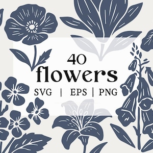 Pakiet Bold Botanical Flower SVG | Lino-Cut Floral Clipart | Pliki Cricut i Crafting DIY