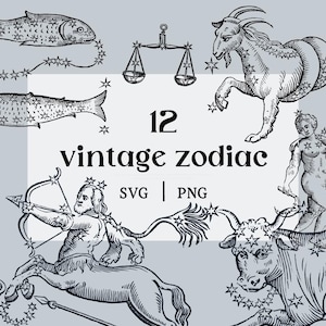 Vintage Sternzeichen Bundle - 24 SVG & PNG mystische Astrologie Illustrationen, Himmelskörper, Sternzeichen SVG, Sternzeichen Clipart, Sternzeichen png