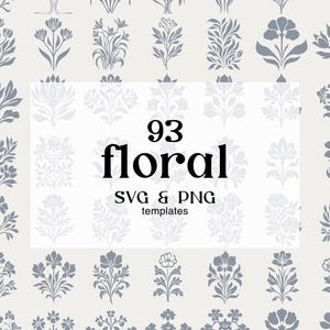 Puede incluir: Una descarga digital de 93 plantillas florales SVG y PNG. La imagen muestra una variedad de diseños florales en color gris claro sobre un fondo blanco.