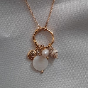 Multi Charm Pearl Necklace, Seashell and freshwater pearl necklace, Mother of Pearl and Seashell Necklace, Gold Filled Seashell Necklace