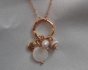 Multi Charm Pearl Necklace, Seashell and freshwater pearl necklace, Mother of Pearl and Seashell Necklace, Gold Filled Seashell Necklace