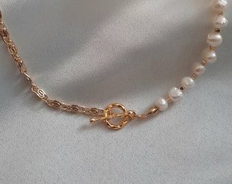 Collar de media cadena de media perla, collar de media perla de agua dulce, collar de cadena relleno de media perla y medio oro, collar de perlas naturales único