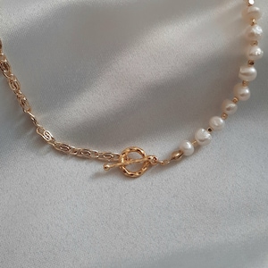 Half Pearl Half Chain Necklace, Half Freshwater Pearl Necklace, Half Pearl Half Gold Filled Chain Necklace, Unique Natural Pearl Necklace