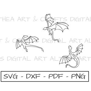 May include: Three stylized black line art dragons in flight. The dragons have large wings and long tails. Below the dragons is a rectangular box with the text "SVG - DXF - PDF - PNG".