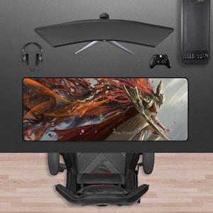 May include: A gaming setup featuring a curved monitor, a black computer tower, and a large rectangular mousepad with a fantasy art design. A black controller and headset are also visible. The setup is on a dark surface.