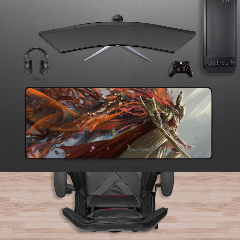 May include: A gaming setup featuring a curved monitor, a black computer tower, and a large rectangular mousepad with a fantasy art design. A black controller and headset are also visible. The setup is on a dark surface.