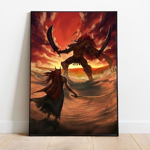 May include: Framed artwork depicting a battle scene with two figures against a fiery sunset backdrop. One figure wields curved swords, while the other holds a curved blade. The artwork is set in a desert-like environment.