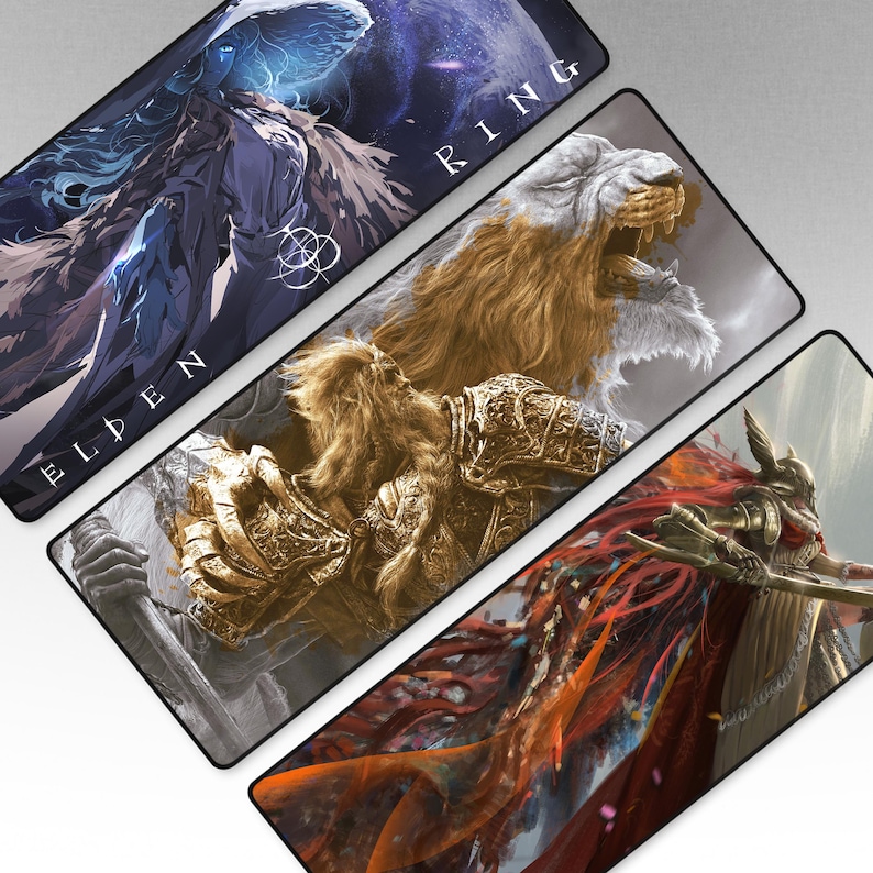 May include: A collection of rectangular mouse pads featuring fantasy art. The designs include a figure with blue energy, a roaring lion, and a warrior with red hair. The text "ELDEN RING" is visible on one pad.