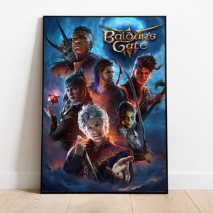 May include: A framed poster featuring the title "Baldur's Gate" with a group of fantasy characters. The artwork has a dark blue and orange color scheme, with detailed illustrations of various figures. The poster is displayed on a white wall.