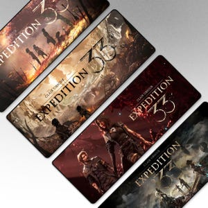 Könnte beinhalten: Eine Sammlung rechteckiger Mauspads mit Kunstwerken aus "Clair Obscur: Expedition 33". Jedes Pad zeigt eine andere Szene mit Figuren und dem Titel des Spiels in einer stilisierten Schriftart. Die Farbpalette umfasst Braun-, Rot- und Grautöne.