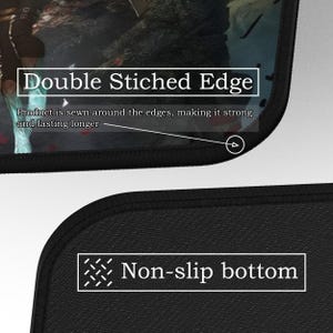 May include: Close-up of a black mousepad with a double-stitched edge for durability. The text "Double Stiched Edge" and "Non-slip bottom" are displayed. The product is sewn around the edges, making it strong and lasting longer.