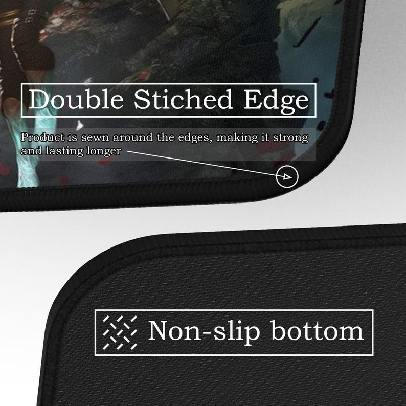 May include: Close-up of a black mousepad with a double-stitched edge for durability. The text "Double Stiched Edge" and "Non-slip bottom" are displayed. The product is sewn around the edges, making it strong and lasting longer.
