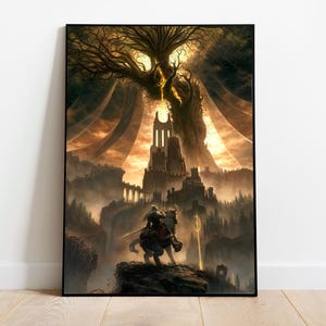Puede incluir: Impresión artística enmarcada de fantasía que representa a un caballero a caballo frente a un castillo, bajo un gran árbol con rayos de luz dorada. La obra presenta un paisaje oscuro y atmosférico con temática medieval.