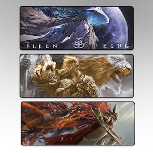 May include: Three rectangular mouse pads featuring artwork from the video game Elden Ring. The top pad displays a character with a blue and white design and the game's logo. The middle pad shows a golden warrior and a lion. The bottom pad features a character with red and orange accents.