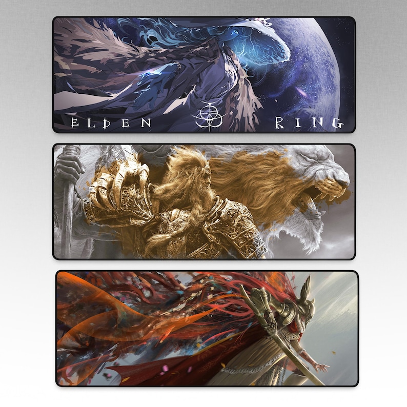 May include: Three rectangular mouse pads featuring artwork from the video game Elden Ring. The top pad displays a character with a blue and white design and the game's logo. The middle pad shows a golden warrior and a lion. The bottom pad features a character with red and orange accents.