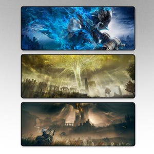 May include: Three rectangular gaming mouse pads featuring fantasy art. The top pad displays a knight engulfed in blue flames. The middle pad shows a large tree in a golden landscape. The bottom pad depicts a knight on horseback.