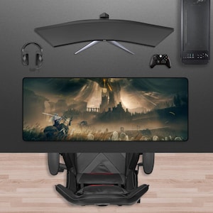 May include: A gaming setup featuring a curved monitor, headset, controller, and a desktop computer. A large rectangular mousepad displays a fantasy landscape with a knight on horseback. A black gaming chair is in the foreground.