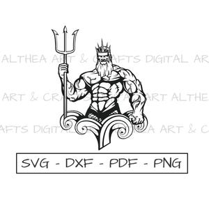 Könnte beinhalten: Schwarz-Weiß-Illustration einer muskulösen Figur mit Dreizack und Krone, die auf stilisierten Wellen steht. Der Text "SVG - DXF - PDF - PNG" ist enthalten. Geeignet für digitale Kunst und Handwerk.