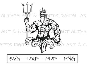 Poseidón sosteniendo un tridente, vector SVG, Poseidón, dios del mar, Neptuno, clip art vectorial, dibujo, archivo de corte para Cricut, DXF, PDF, PNG, impresión, calcomanía