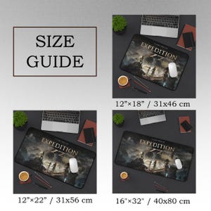 May include: A size guide graphic with the text "SIZE GUIDE" is displayed. The image showcases three different-sized mouse pads with the word "EXPEDITION" printed on them. The mouse pads are 12"x18", 12"x22", and 16"x32".