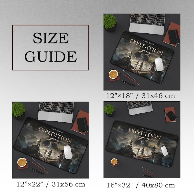 May include: A size guide graphic with the text "SIZE GUIDE" is displayed. The image showcases three different-sized mouse pads with the word "EXPEDITION" printed on them. The mouse pads are 12"x18", 12"x22", and 16"x32".