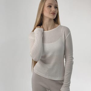 Women’s white ribbed long sleeve top, soft textured stripe shirt, minimalist casual style