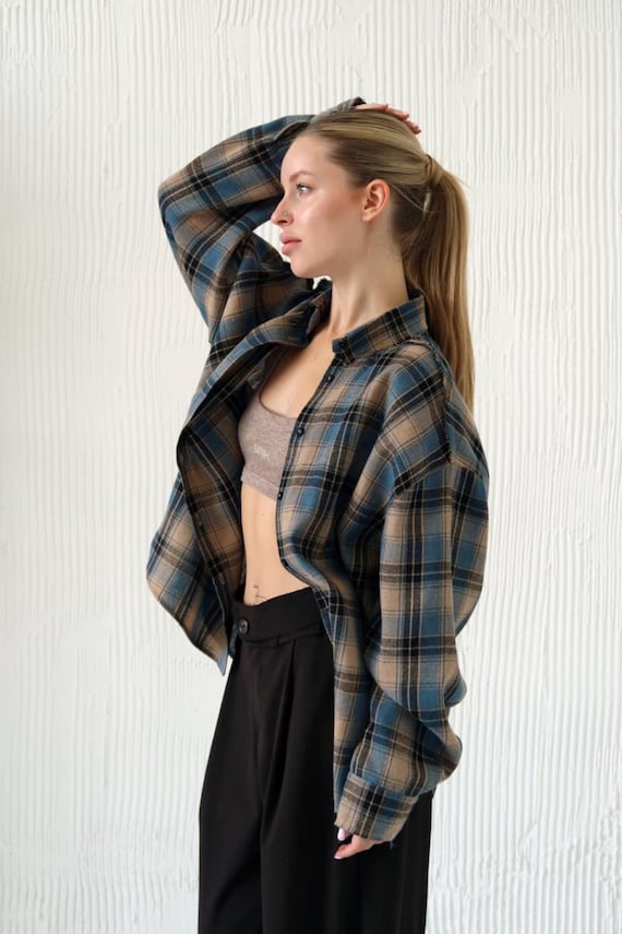 Oversized Cotton Plaid Shirt Women, Loose Fit Check Shirt, Casual Button Down, Everyday Top