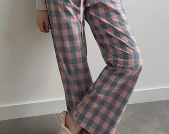 Soft girl plaid cotton pants, cottagecore loungewear, comfy wide leg trousers for summer days