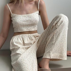 Ivory ribbed cotton crop top, floral spaghetti strap tank for women