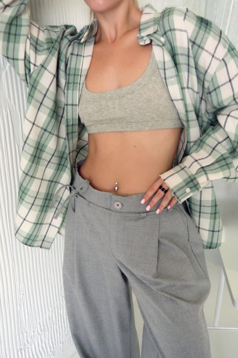 Oversized Cotton Plaid Shirt Women, Loose Fit Check Shirt, Casual Button Down, Everyday Top Green