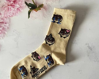 Sad Hamster Print Socks: Beige Cotton Blend, Quirky Animal Lover Gift