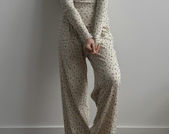 Conjunto de punto acanalado para mujer, top de manga larga y pantalón de pierna ancha.